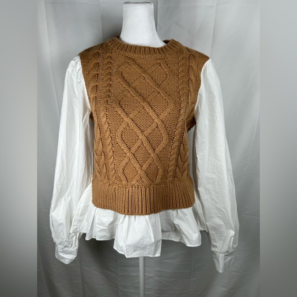 Anthropologie Cable Knit Sweater Small Brown White Layered Cozy Top